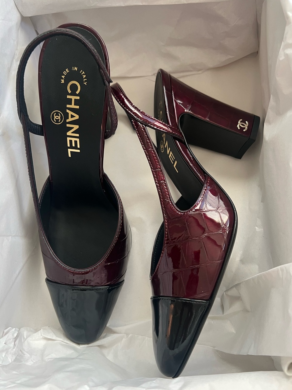 Chanel 26A croc black burgundy slingback heel size 36.5